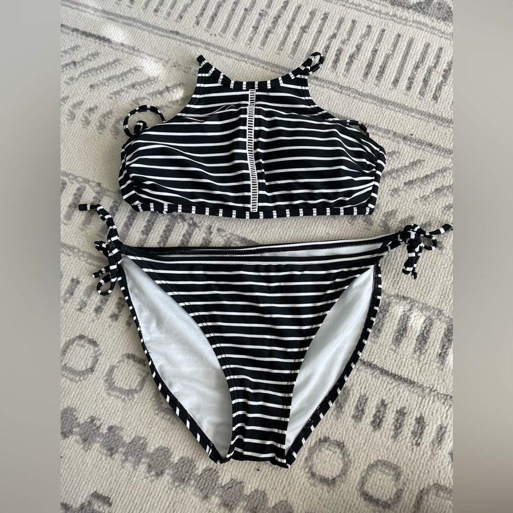Medium top, Large bottoms, Xhilaration brand, gently used black/white striped